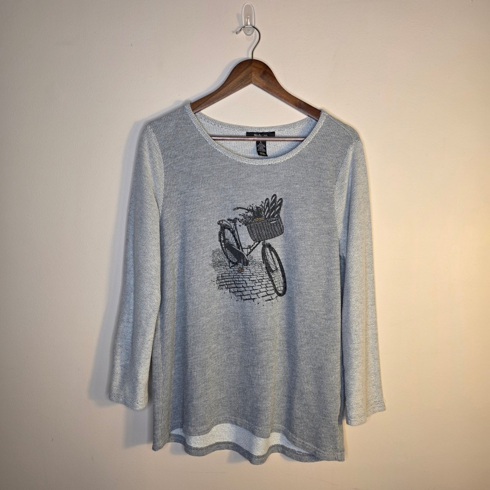 Style & Co Knit Top Women L Gray Bicycle Graphic Rhinestone Autumn Whimsical